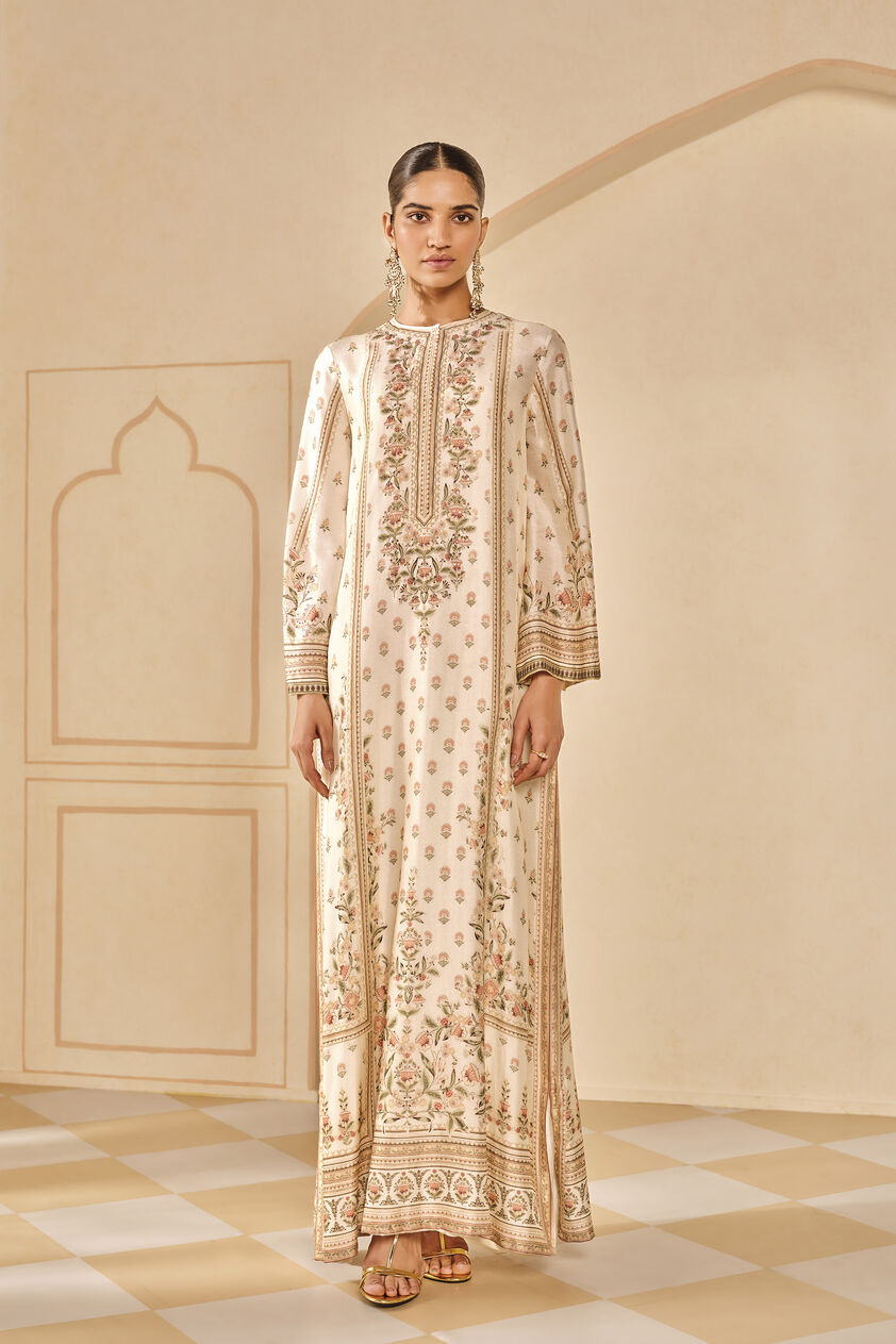 Jarita Printed Silk Kaftan - Ivory, Ivory, image 1